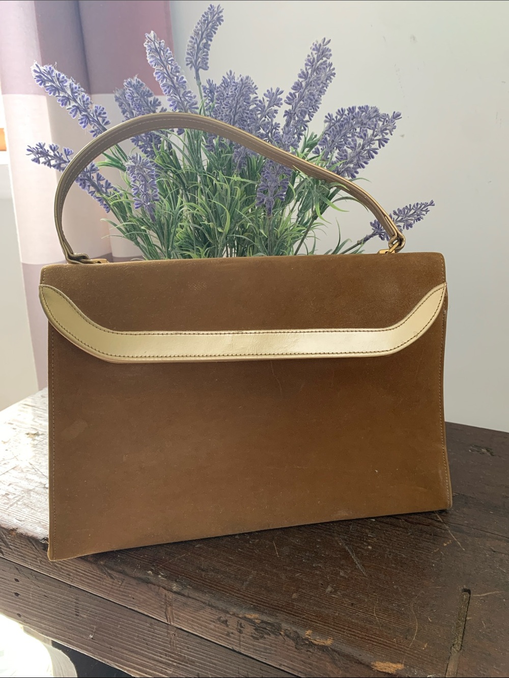 Vntg 1950s/0s Brown Suede Top Handle bag/Mid Century Frame Purse Gold Foil Trim